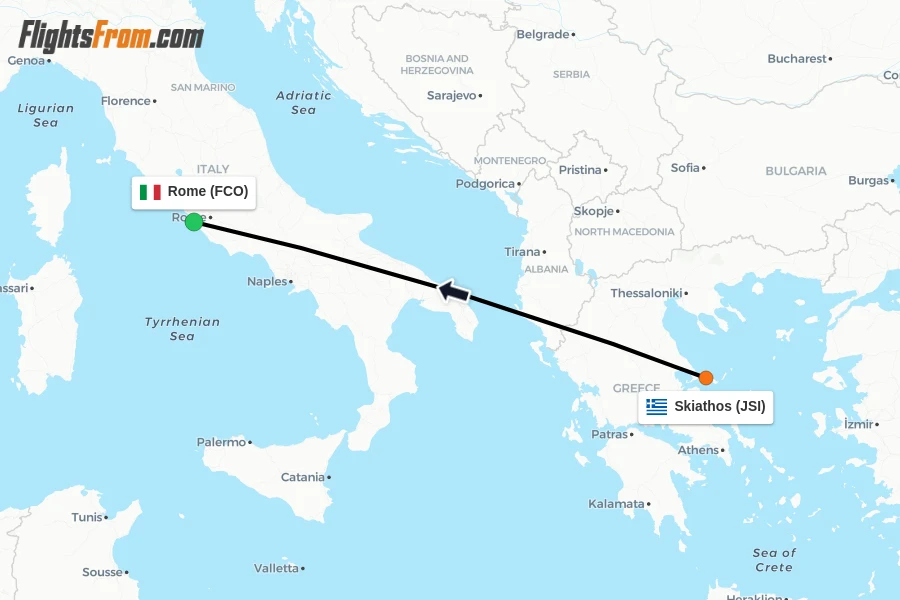 Flights from Skiathos to Rome route map