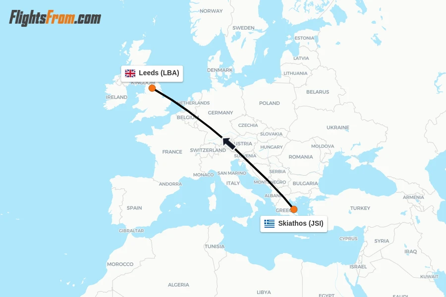 Flights from Skiathos to Leeds route map