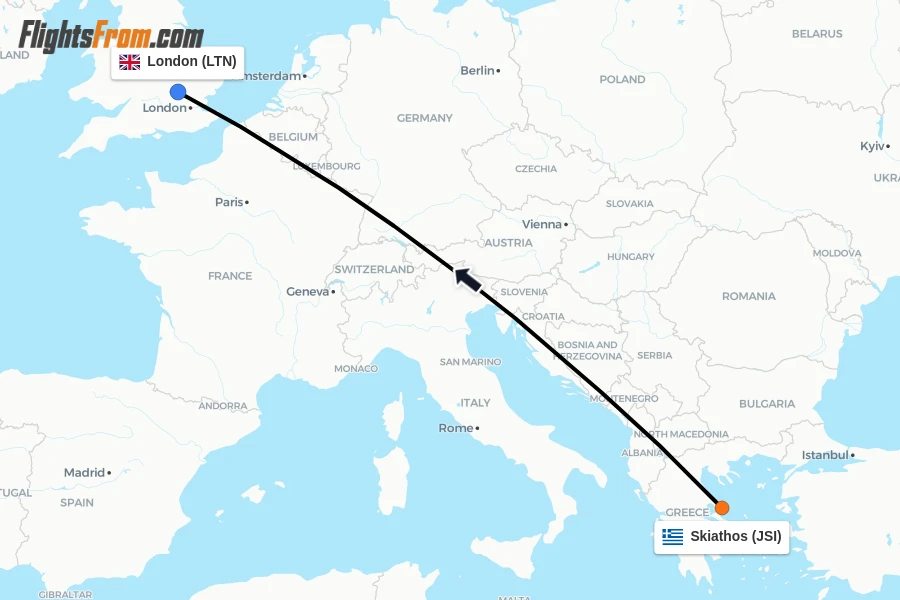 Flights from Skiathos to London route map