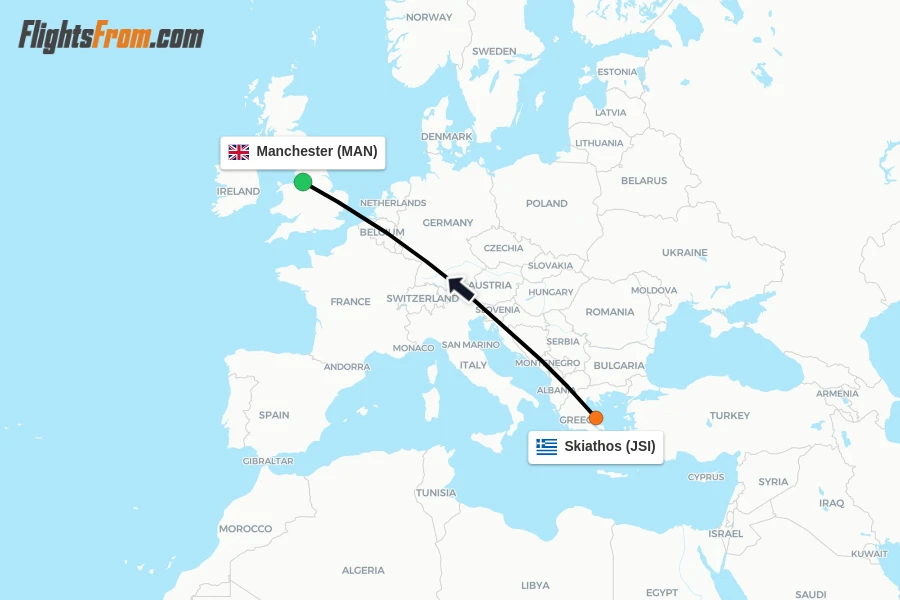 Flights from Skiathos to Manchester route map