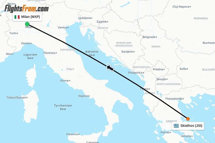 Flights from Skiathos to Milan route map