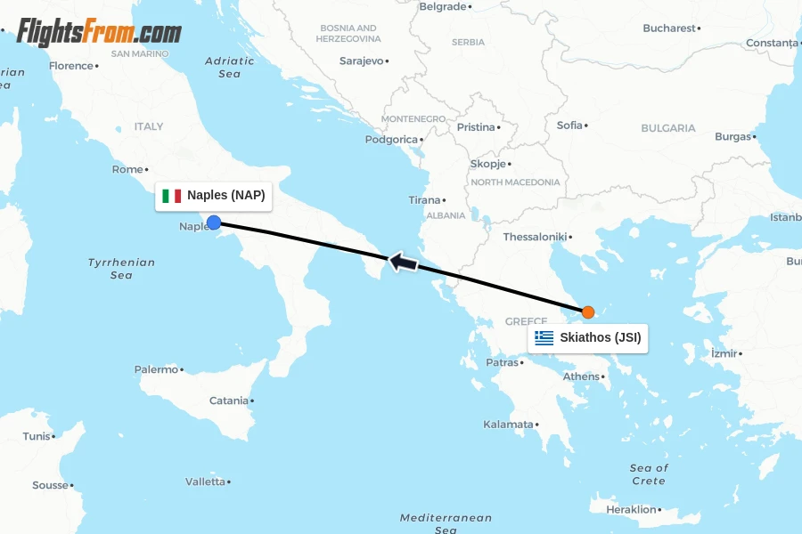 Flights from Skiathos to Naples route map