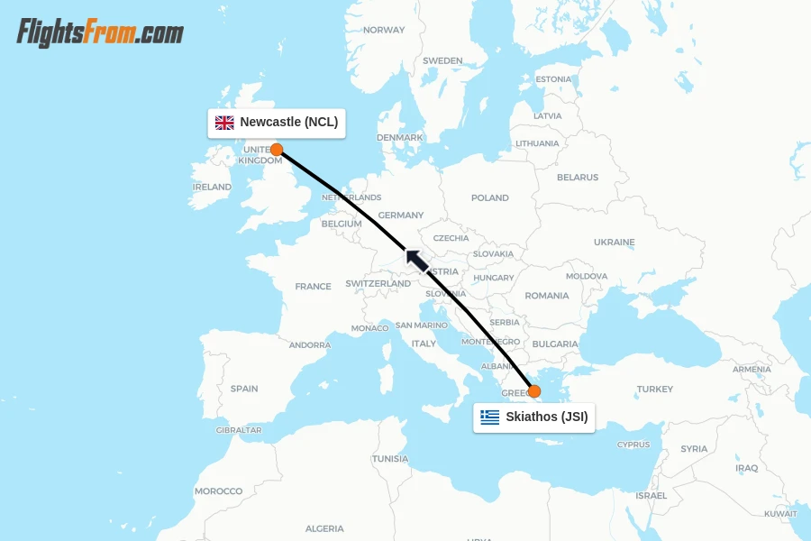 Flights from Skiathos to Newcastle route map