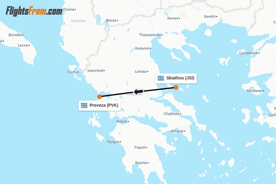 Flights from Skiathos to Preveza route map