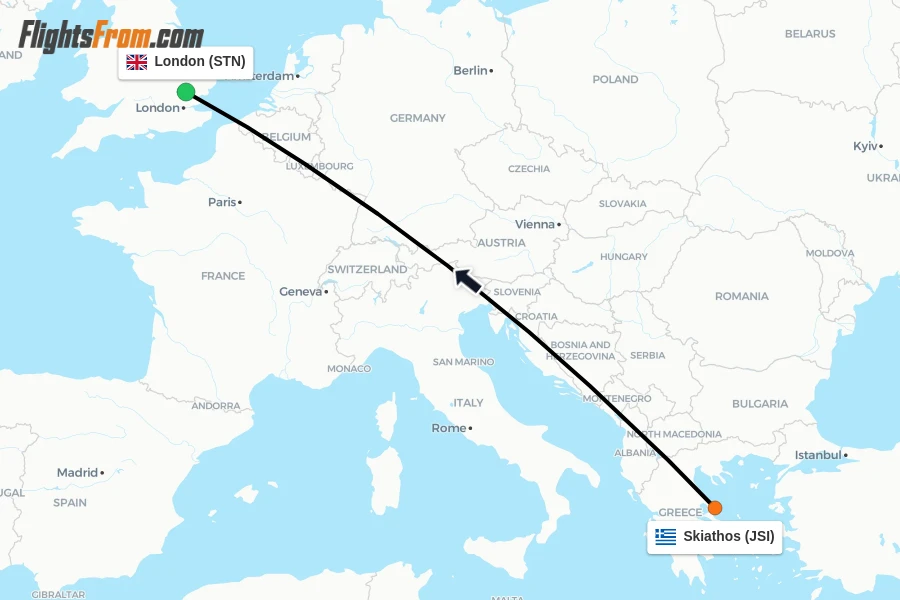 Flights from Skiathos to London route map