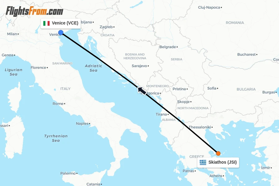 Flights from Skiathos to Venice route map