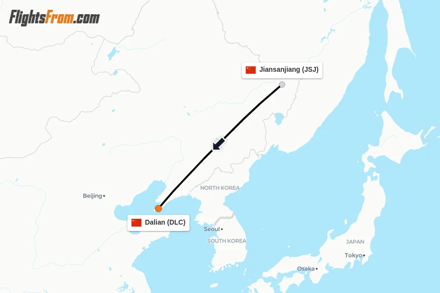 Flights from Jiansanjiang to Dalian route map