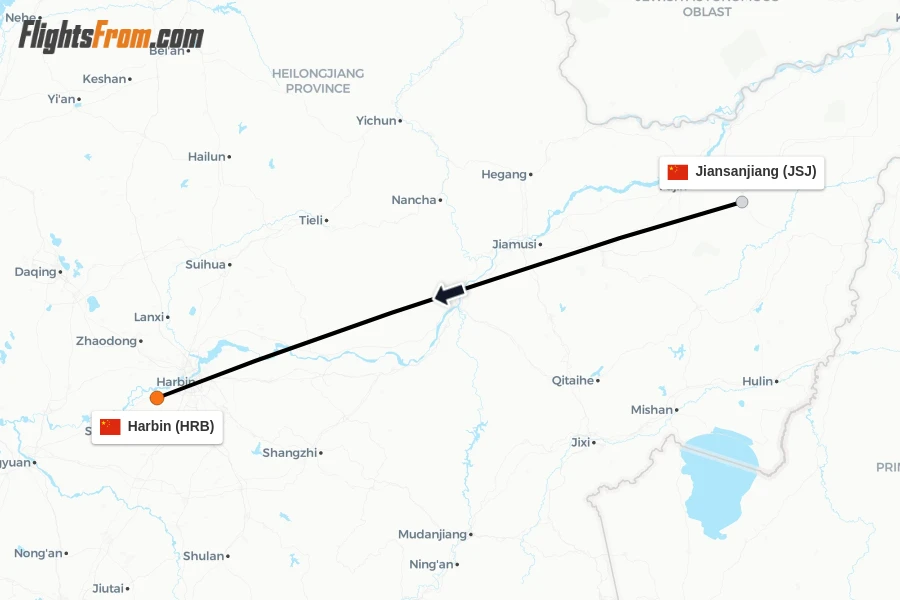 Flights from Jiansanjiang to Harbin route map