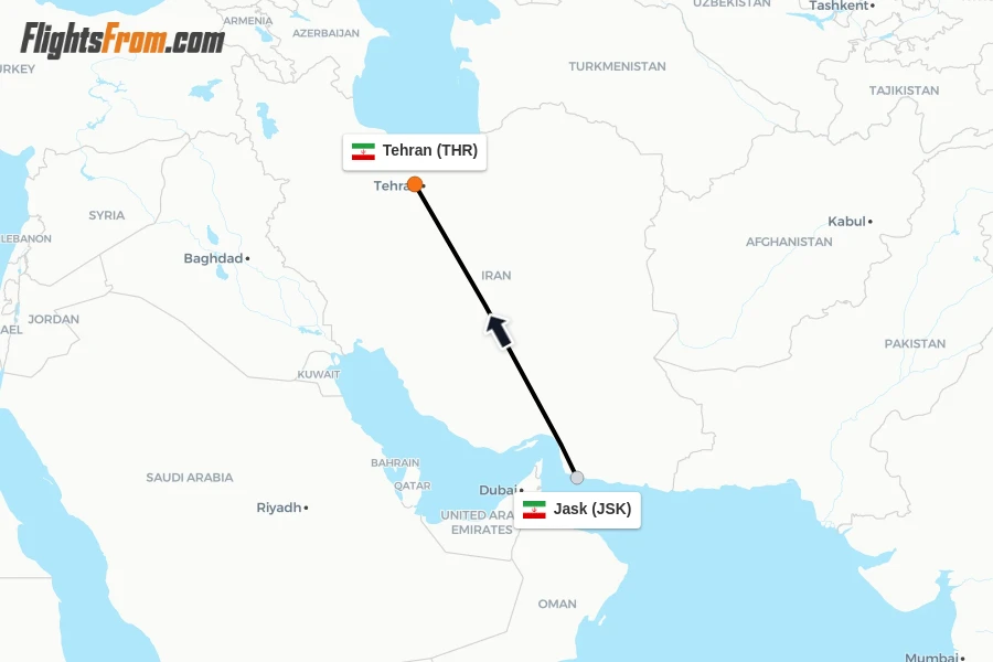 Flights from Jask to Tehran route map