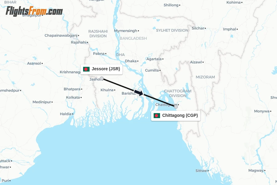 Flights from Jessore to Chittagong route map