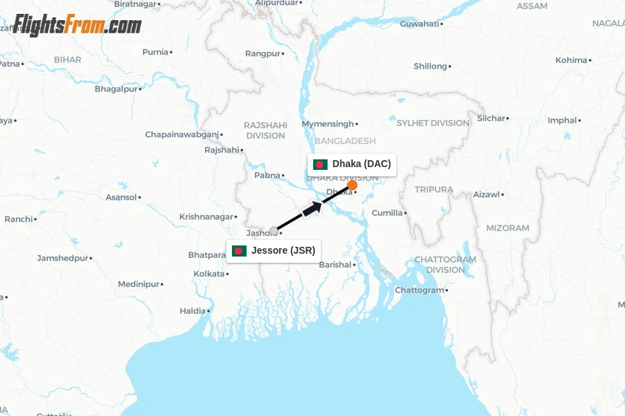 Flights from Jessore to Dhaka route map