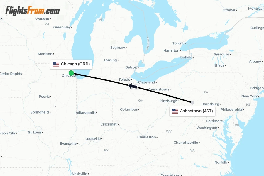 Flights from Johnstown to Chicago route map