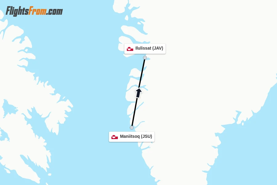 Flights from Maniitsoq to Ilulissat route map