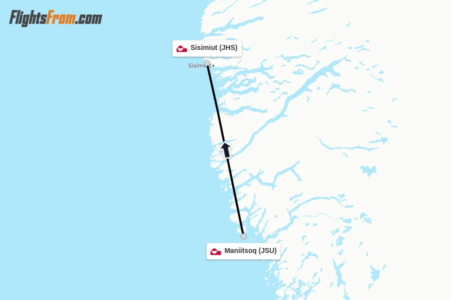 Flights from Maniitsoq to Sisimiut route map