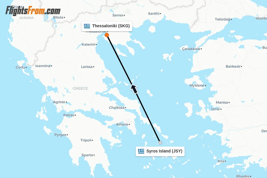 Flights from Syros Island to Thessaloniki route map