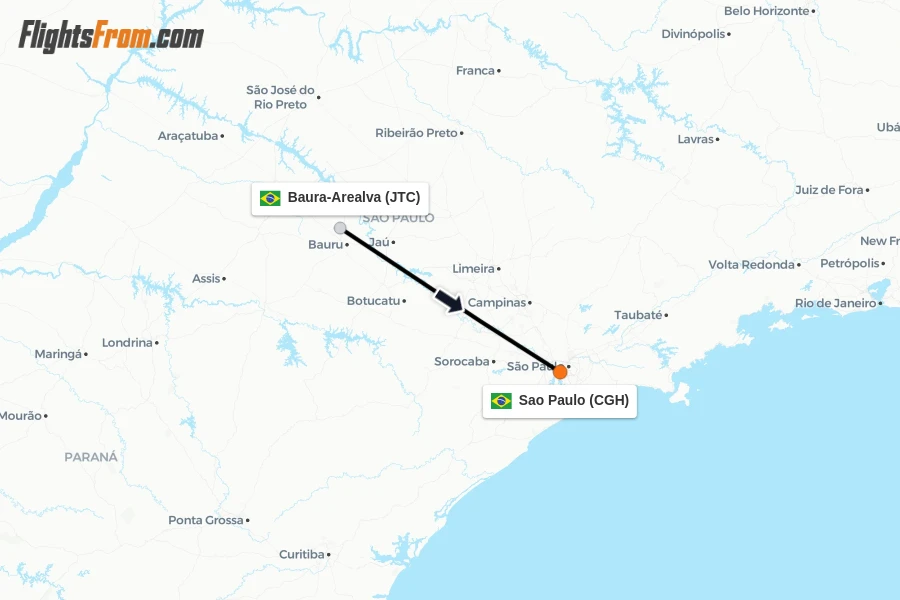 Flights from Baura-Arealva to Sao Paulo route map