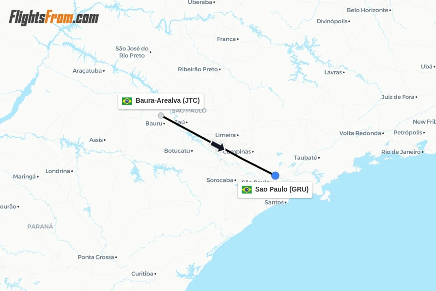 Flights from Baura-Arealva to Sao Paulo route map