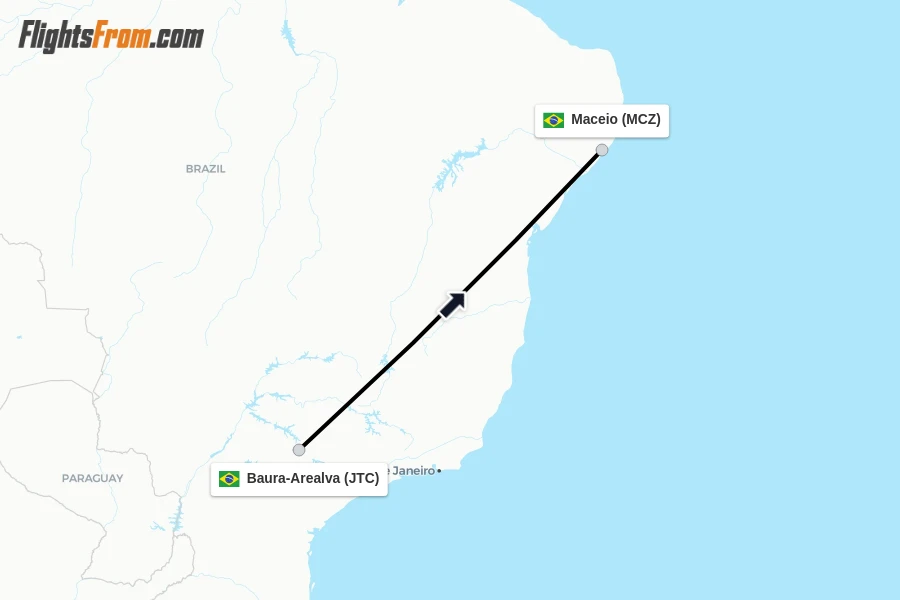 Flights from Baura-Arealva to Maceio route map