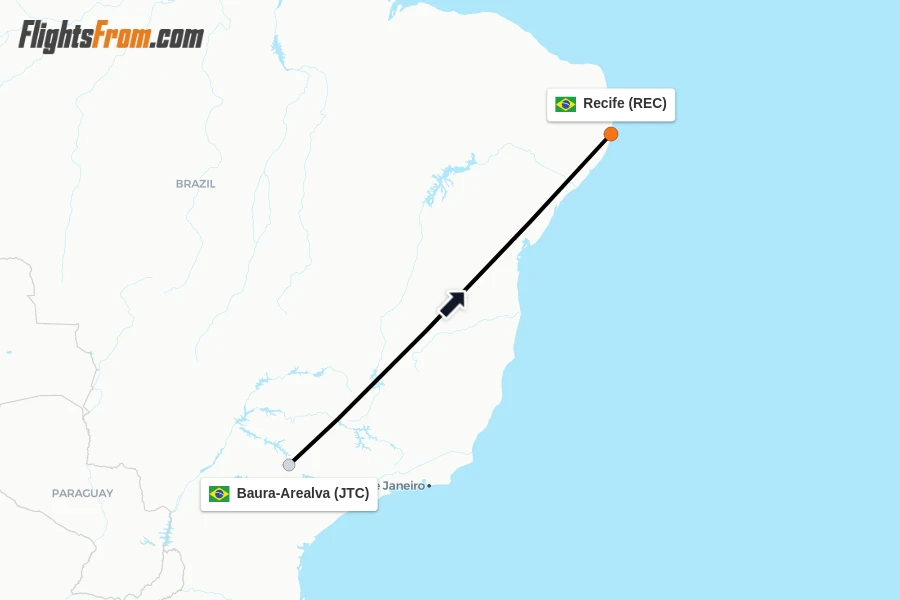 Flights from Baura-Arealva to Recife route map