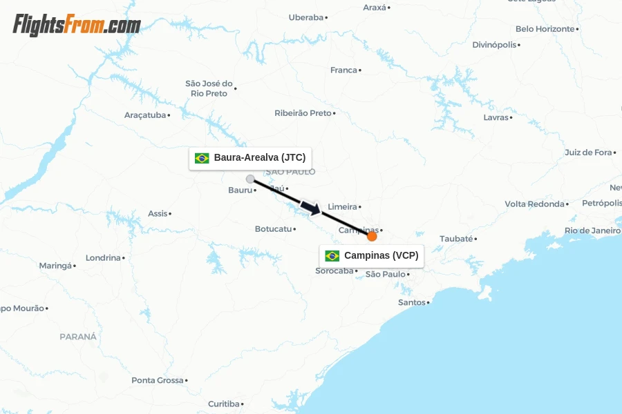 Flights from Baura-Arealva to Campinas route map