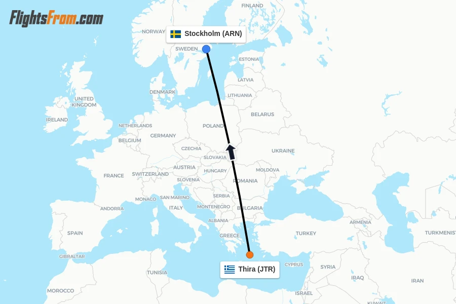 Flights from Thira to Stockholm route map