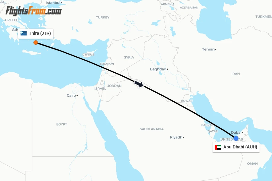 Flights from Thira to Abu Dhabi route map