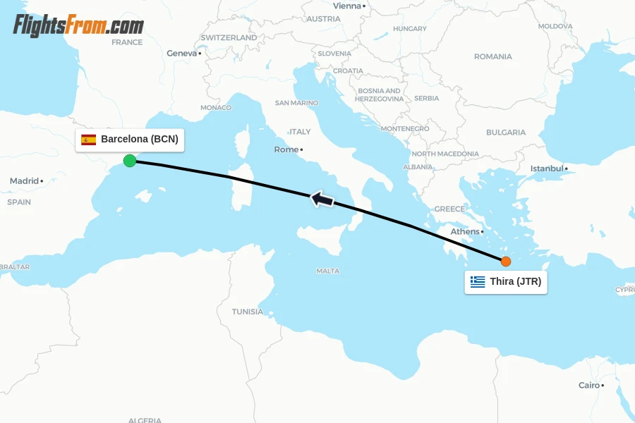Flights from Thira to Barcelona route map