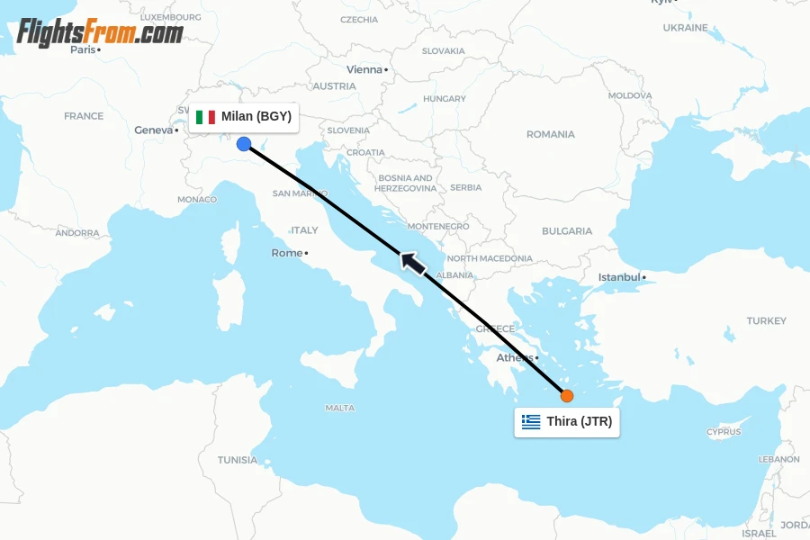 Flights from Thira to Milan route map