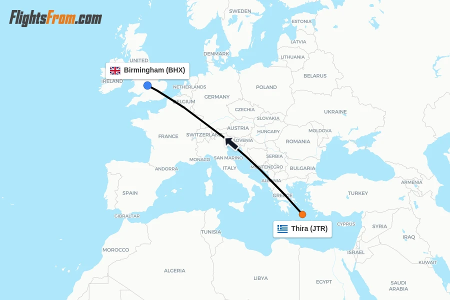 Flights from Thira to Birmingham route map