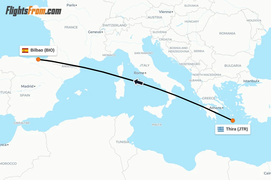 Flights from Thira to Bilbao route map