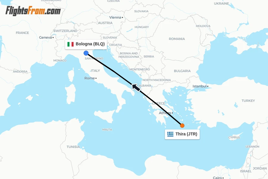 Flights from Thira to Bologna route map