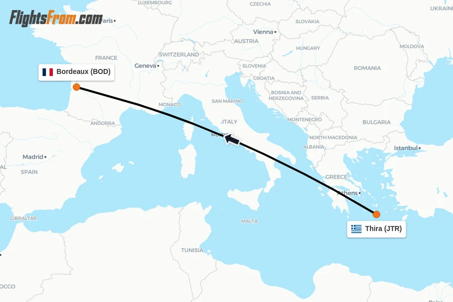 Flights from Thira to Bordeaux route map