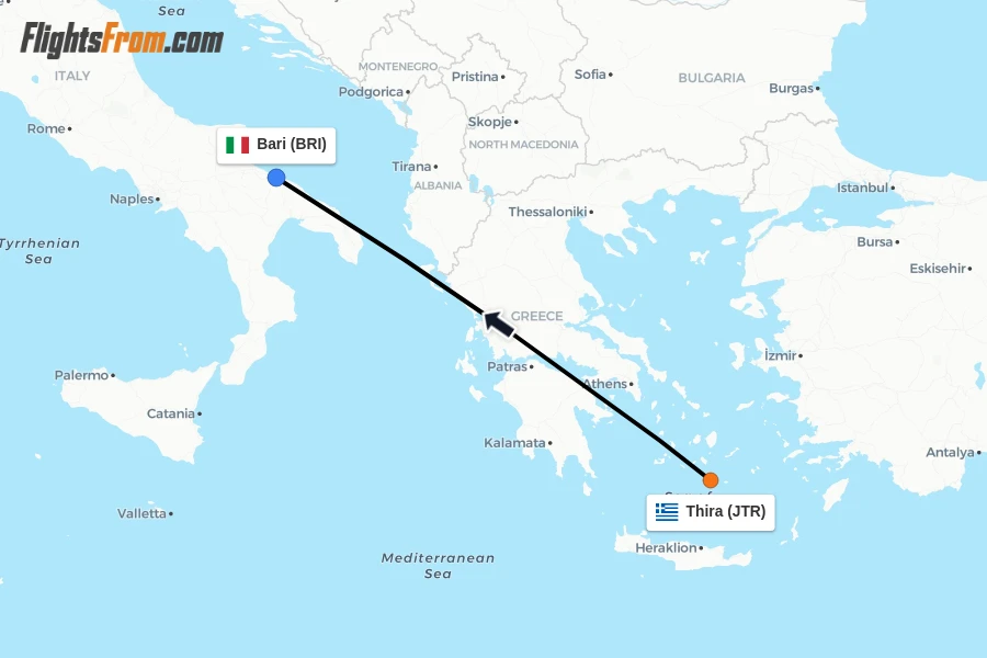 Flights from Thira to Bari route map