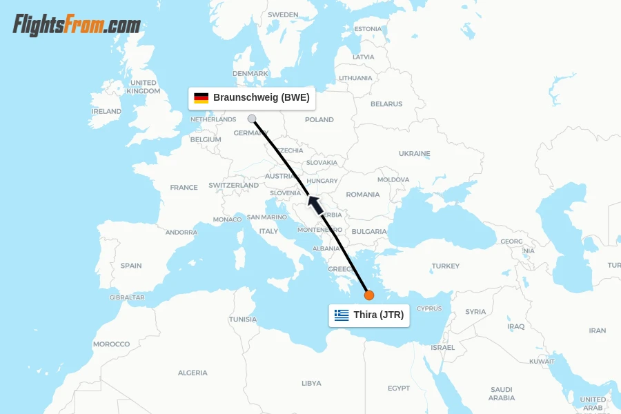Flights from Thira to Braunschweig route map