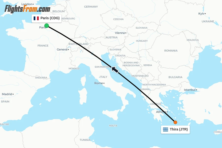 Flights from Thira to Paris route map