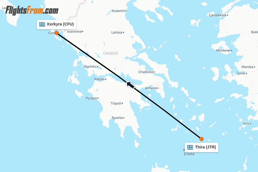 Flights from Thira to Kerkyra route map