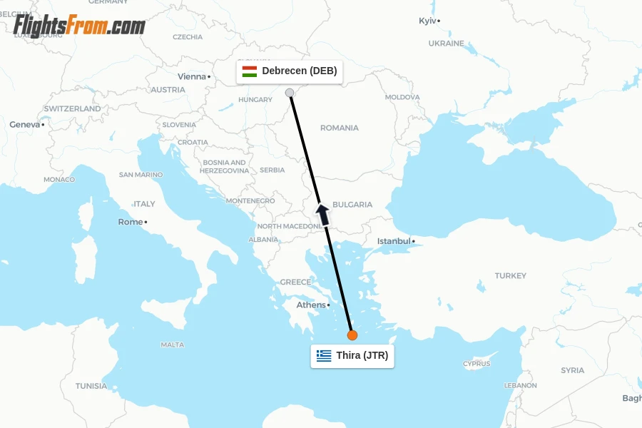 Flights from Thira to Debrecen route map