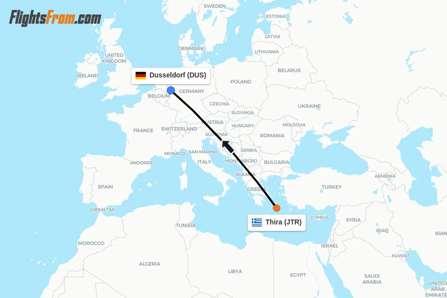 Flights from Thira to Dusseldorf route map