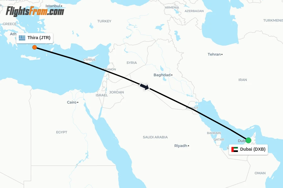 Flights from Thira to Dubai route map