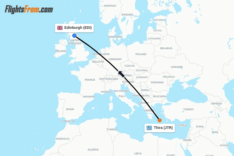 Flights from Thira to Edinburgh route map