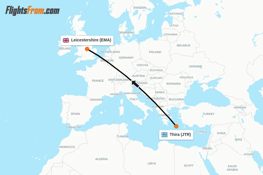 Flights from Thira to Leicestershire route map