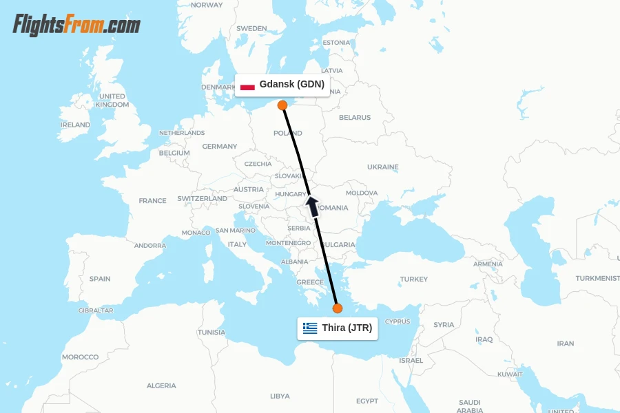 Flights from Thira to Gdansk route map