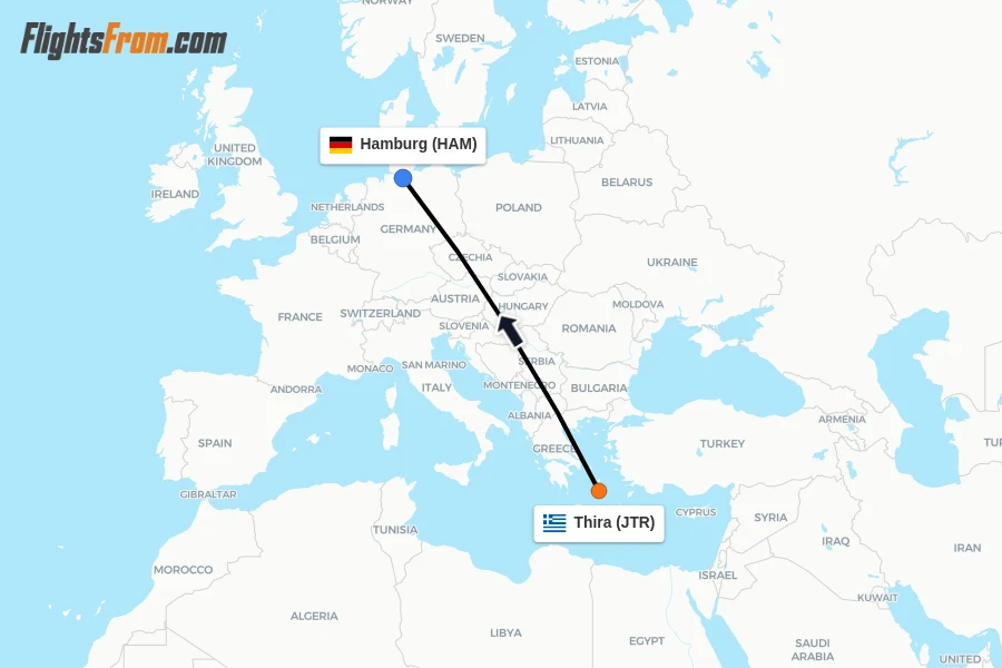 Flights from Thira to Hamburg route map