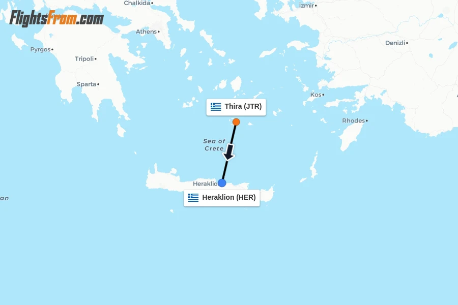 Flights from Thira to Heraklion route map
