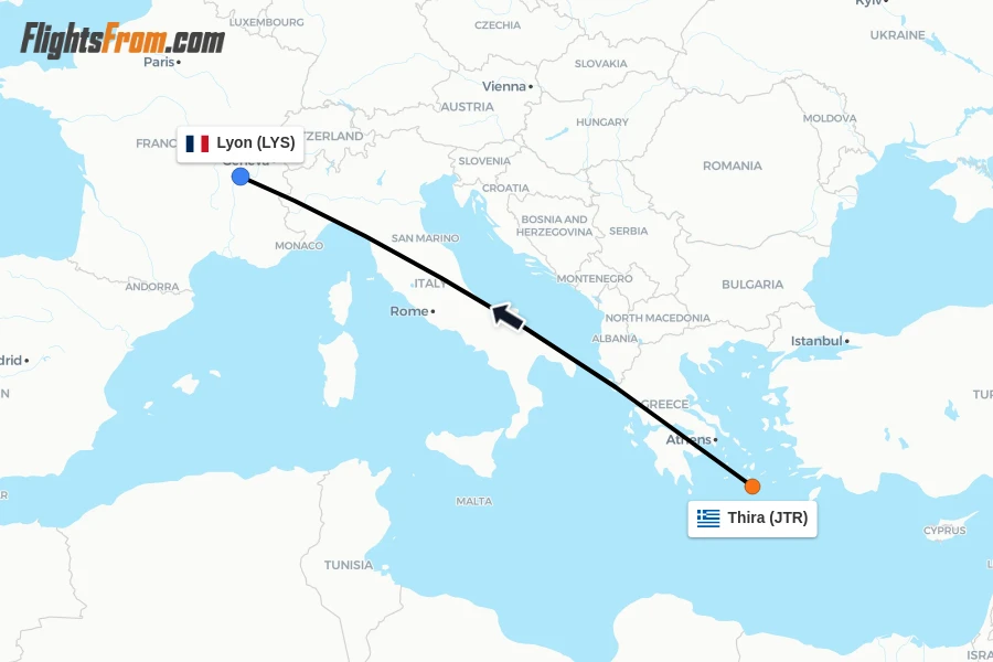 Flights from Thira to Lyon route map