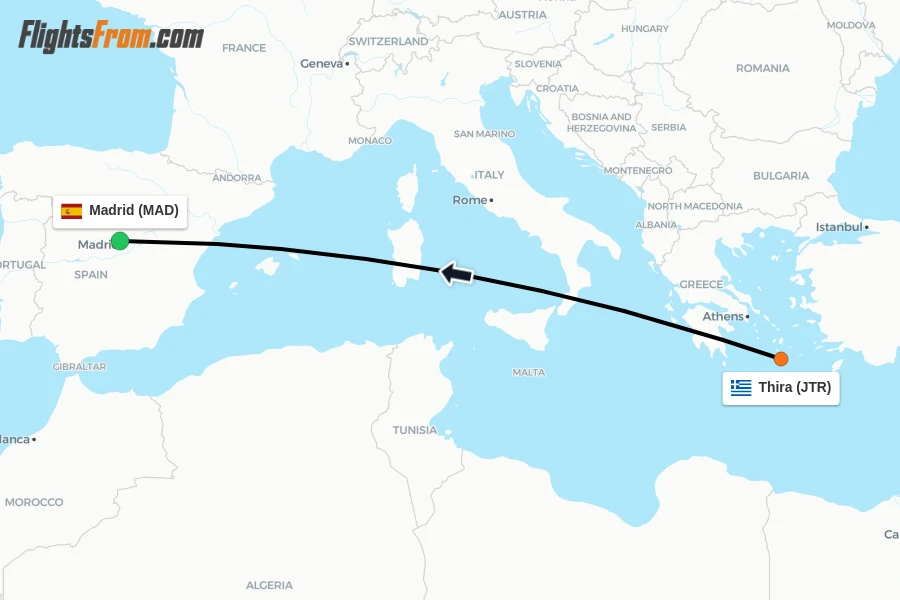 Flights from Thira to Madrid route map