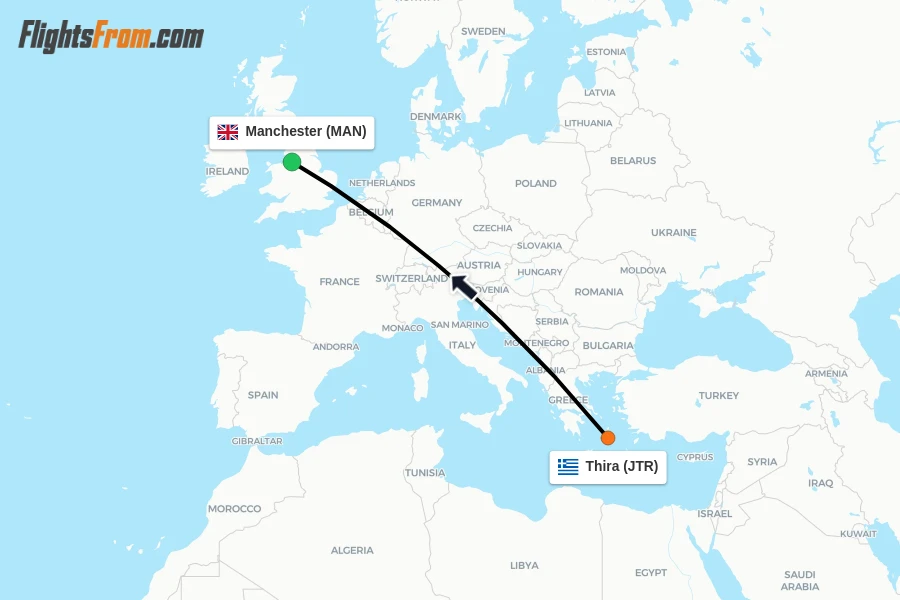 Flights from Thira to Manchester route map