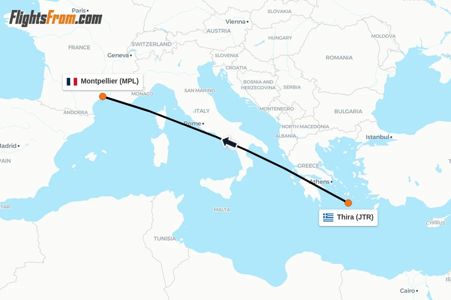 Flights from Thira to Montpellier route map