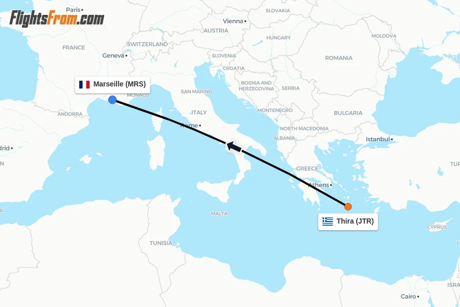 Flights from Thira to Marseille route map