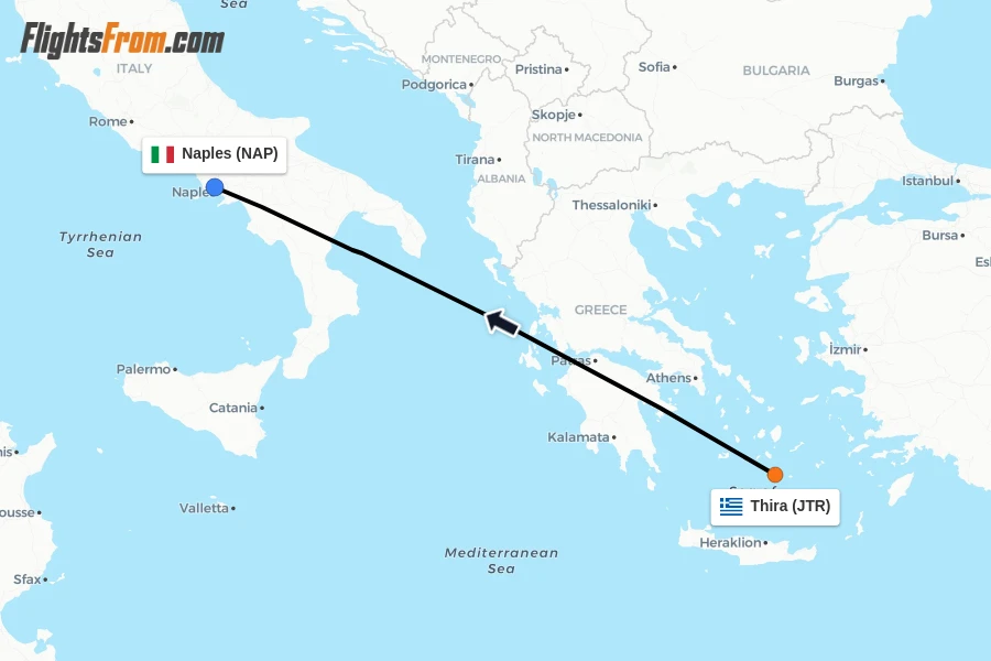 Flights from Thira to Naples route map